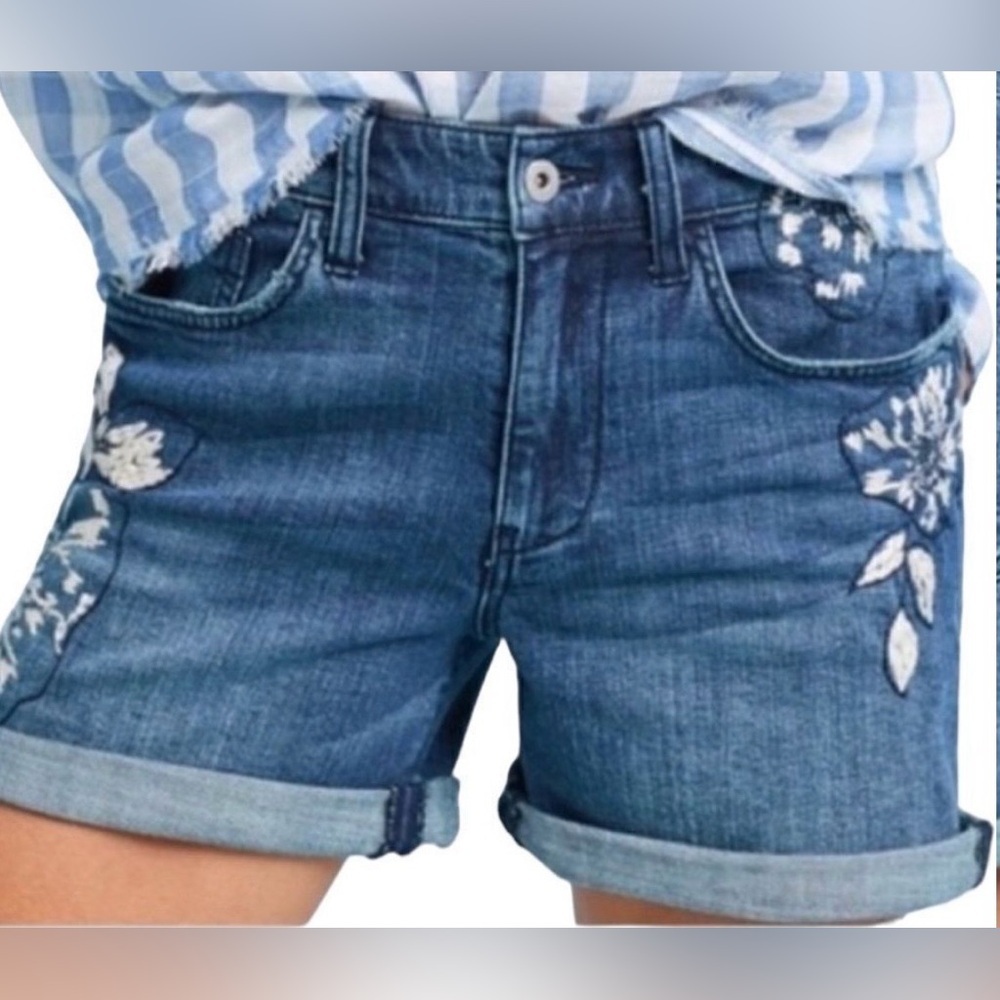 Embroidered Dark Blue Denim Women's Shorts - Picture 2 of 13